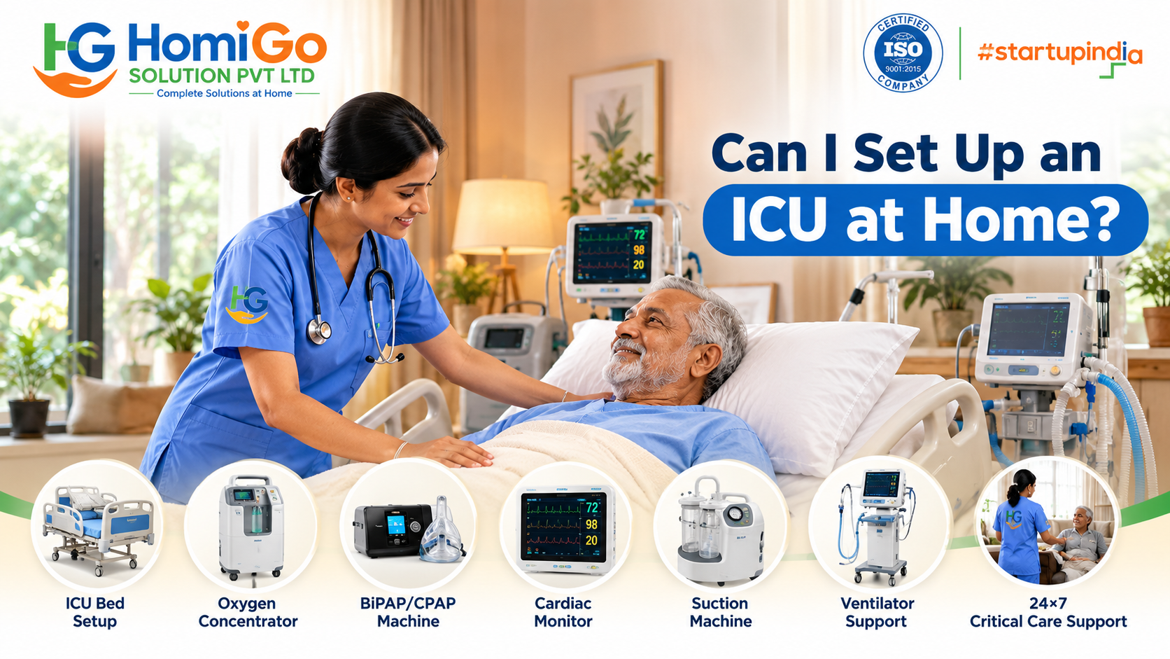 ICU care at home in Gurgaon with ICU bed, oxygen concentrator, BiPAP, cardiac monitor, suction machine, ventilator and nursing support.