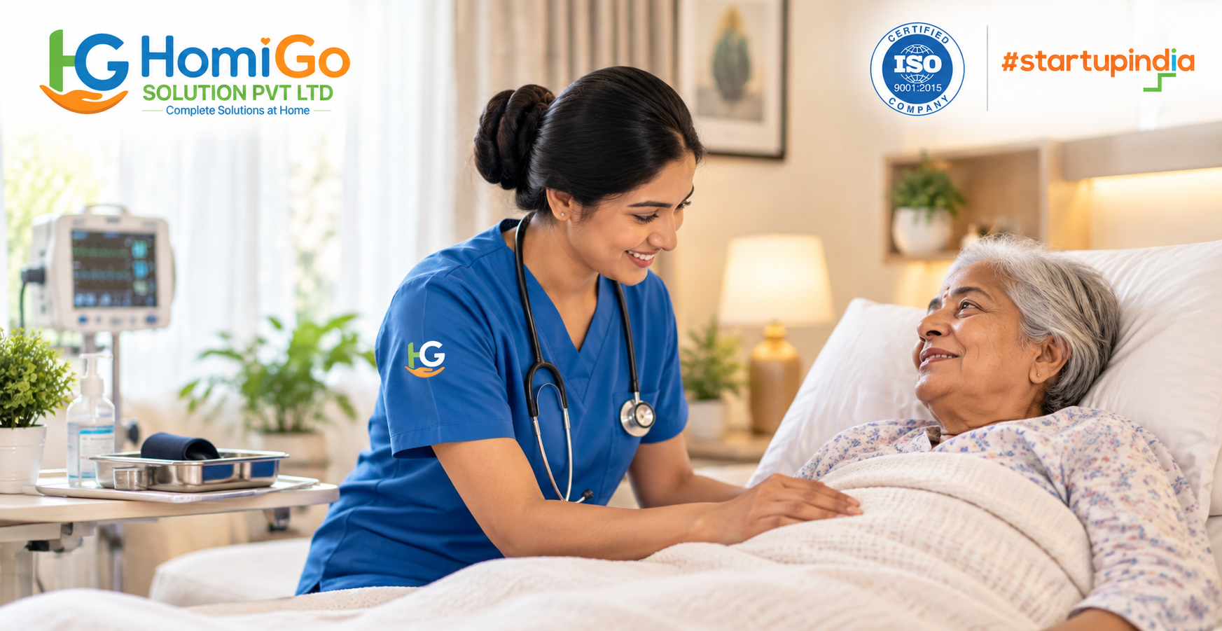 Compassionate HomiGo home care nurse providing professional nursing support to an elderly patient at home.