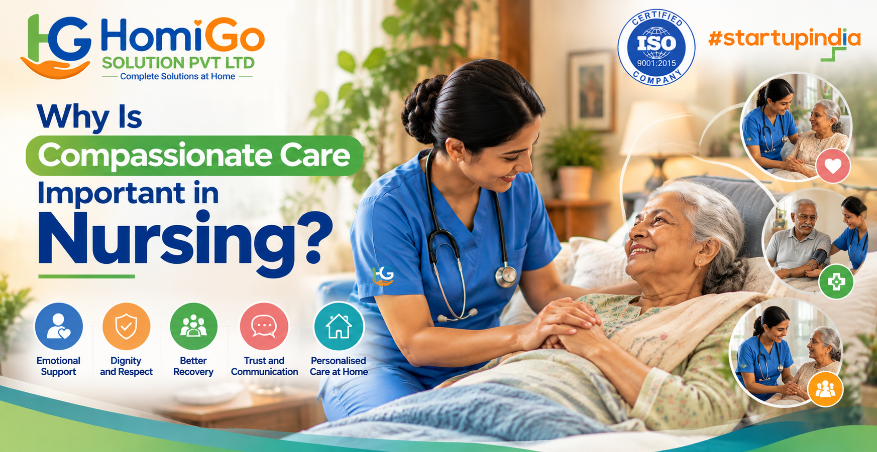 Compassionate home nursing care by HomiGo with a professional nurse providing emotional support, comfort and personalised care to an elderly patient at home.