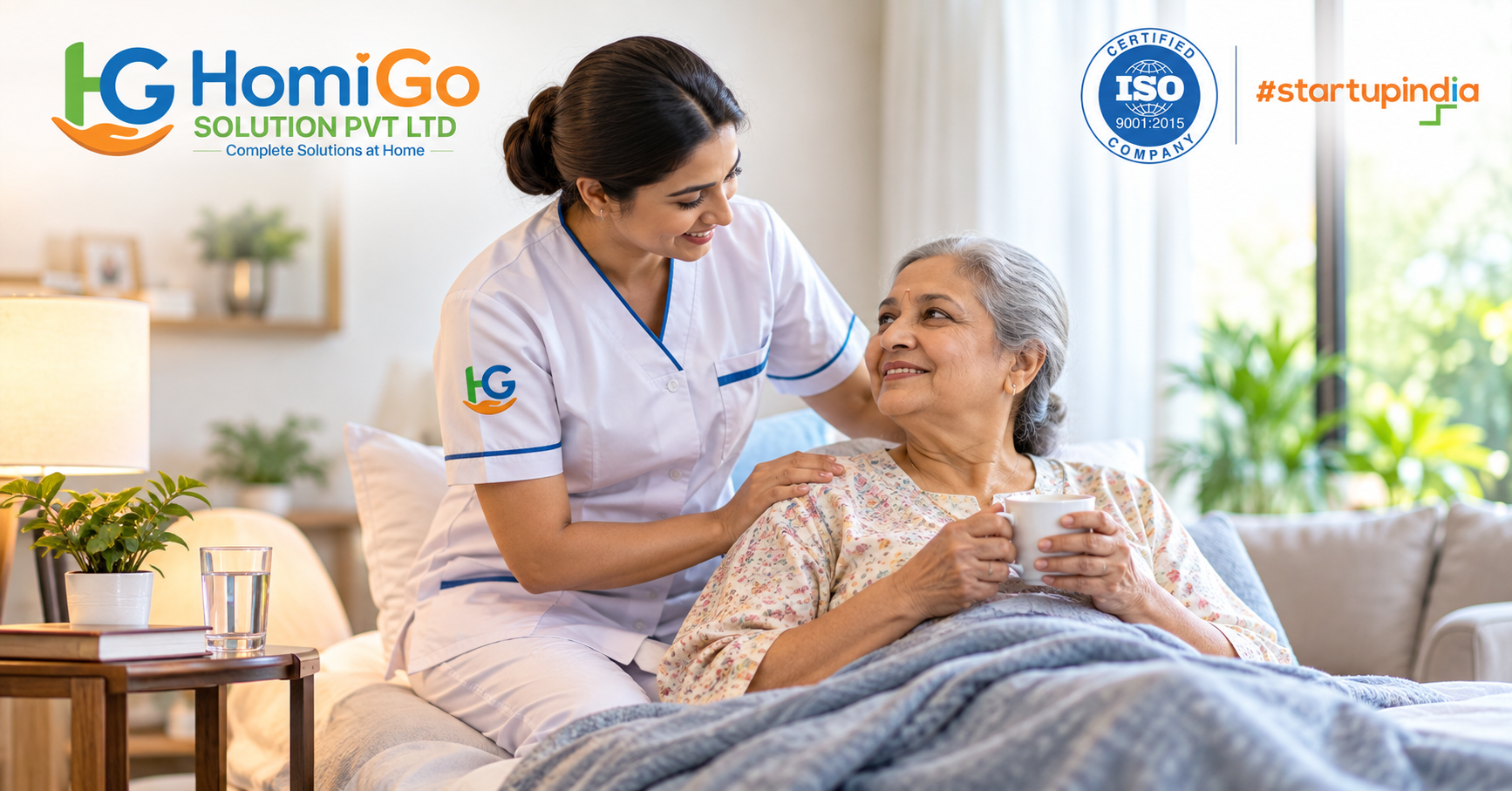 Elderly woman receiving professional recovery care from a trained HomiGo nurse at home.
