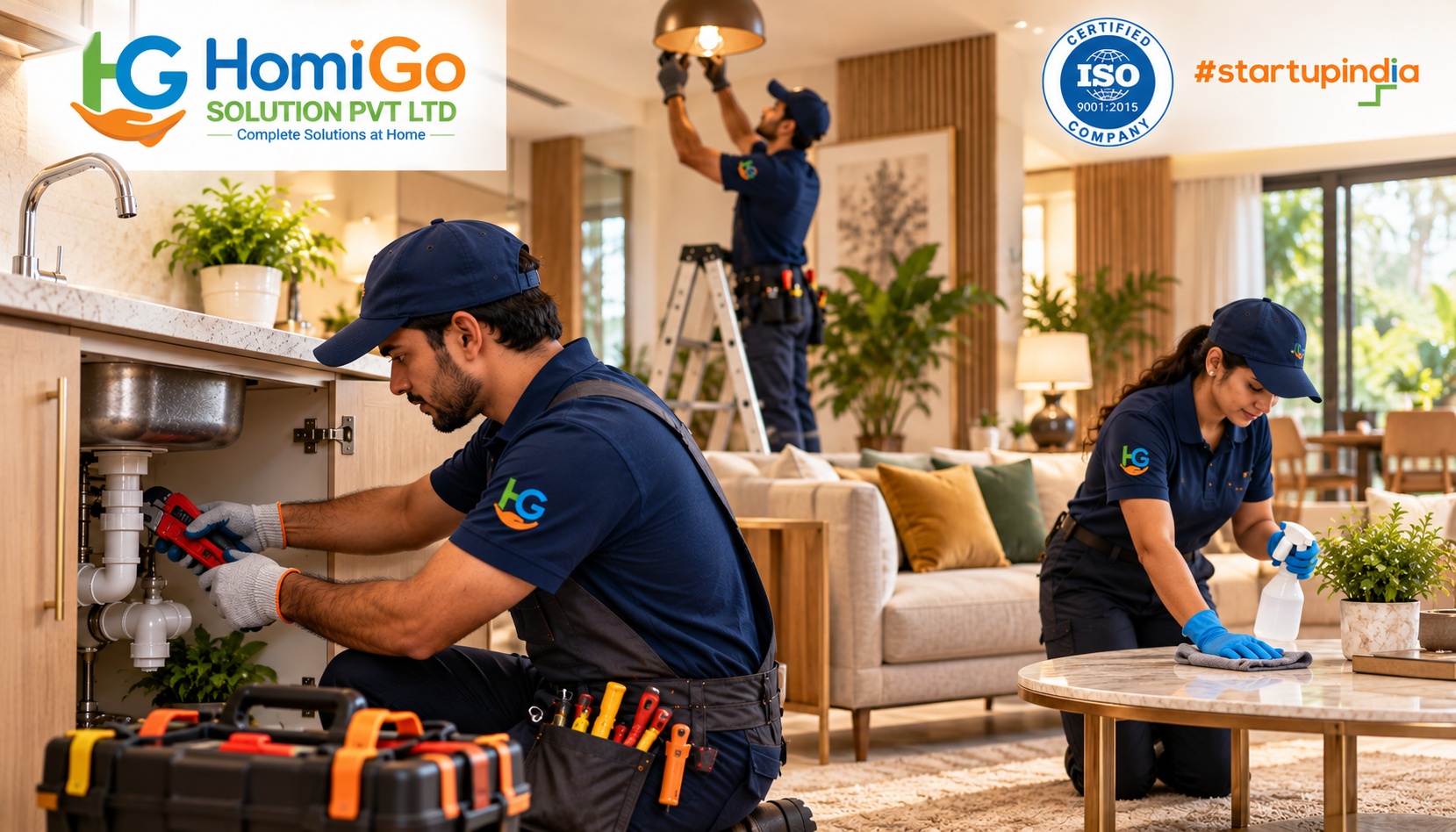 HomiGo Home Maintenance Services in India showing professionals providing plumbing, electrical, carpentry, home cleaning and pest control services.