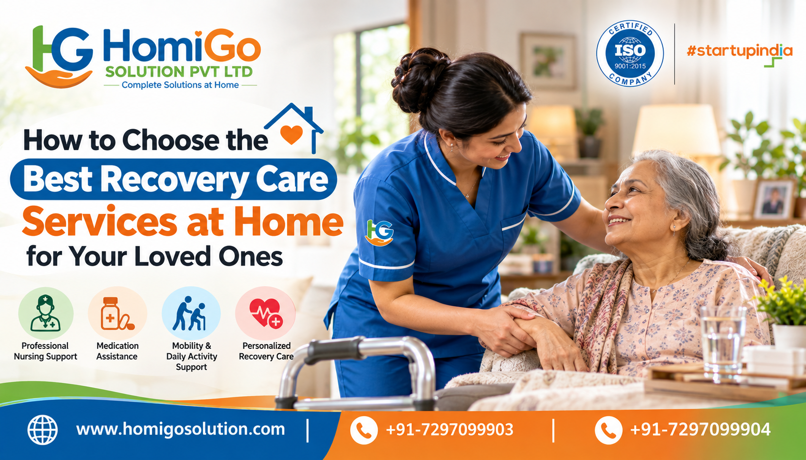 HomiGo nurse providing personalized recovery care to an elderly woman at home with professional nursing and mobility support.