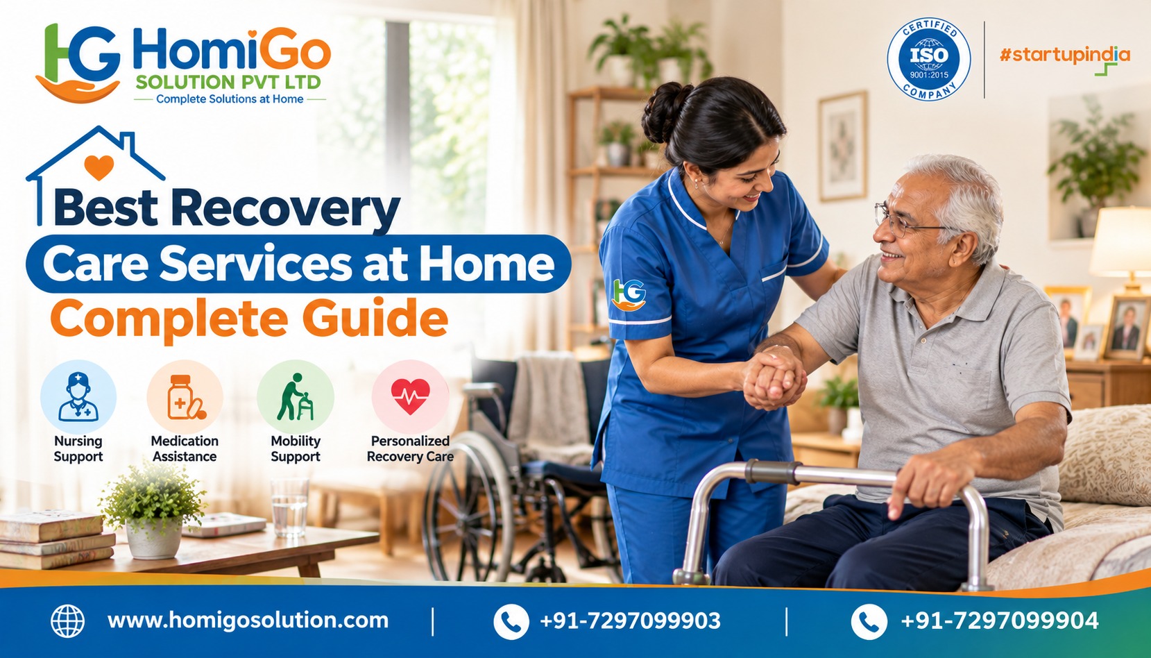 HomiGo nurse assisting an elderly man with mobility and personalized recovery care at home.