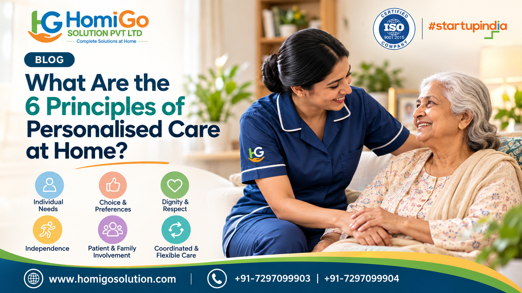 Personalized patient care at home with a professional HomiGo caregiver supporting an elderly woman with dignity, comfort and individual care.