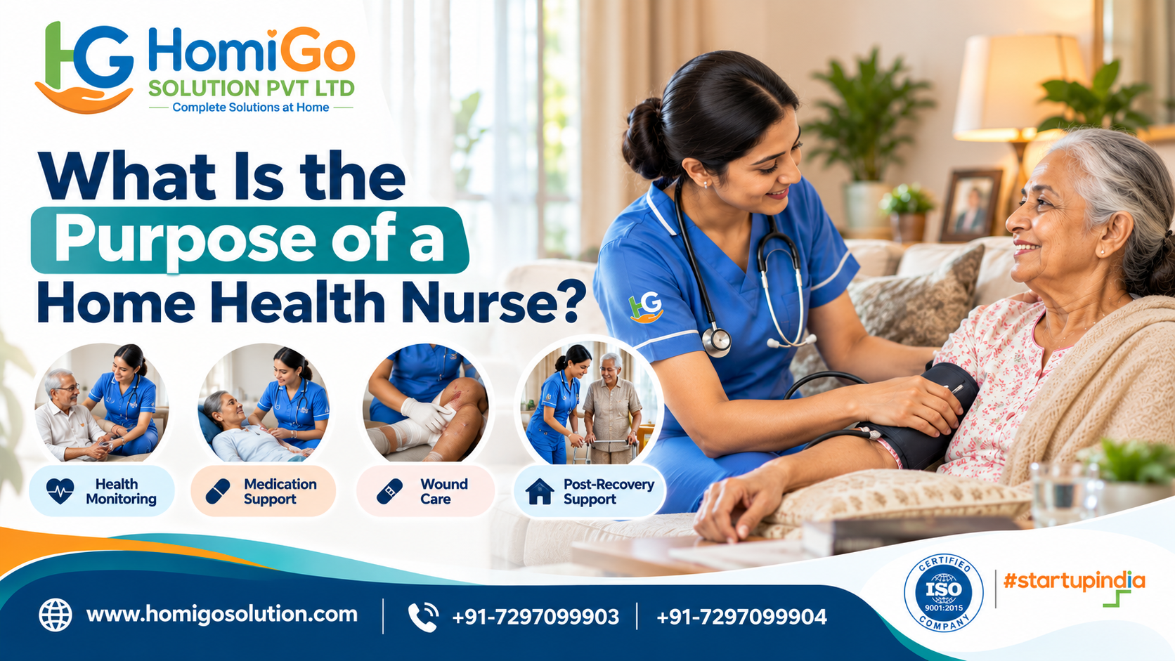 Home health nurse providing professional care to an elderly patient at home.