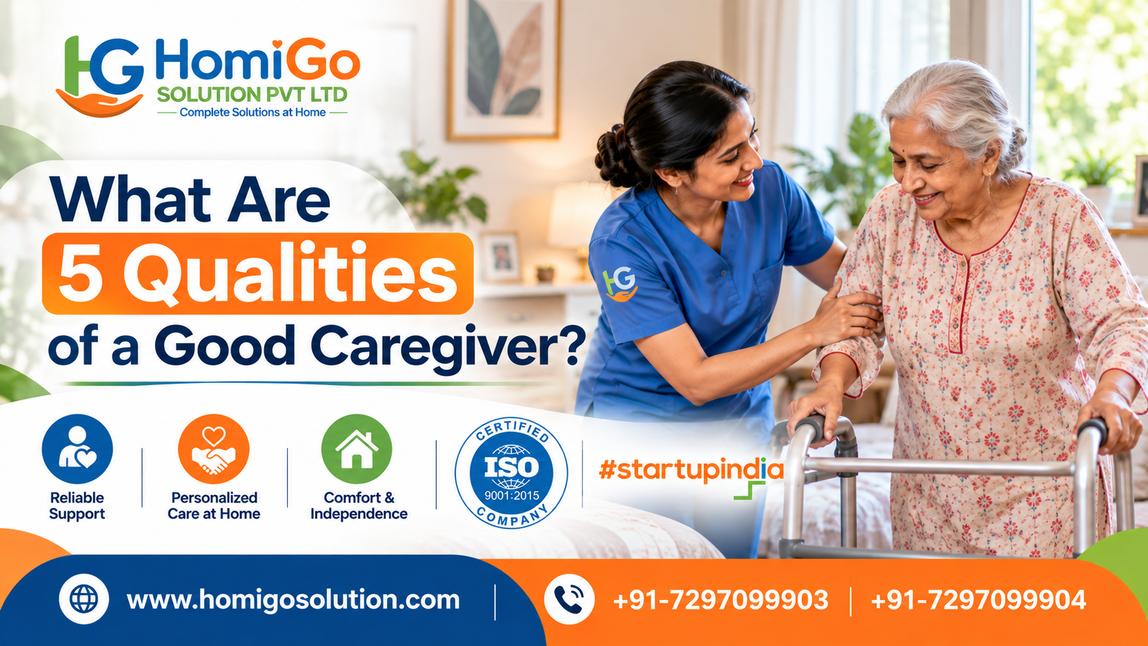 HomiGo caregiver helping an elderly woman with daily care at home, highlighting five essential qualities of a good caregiver.