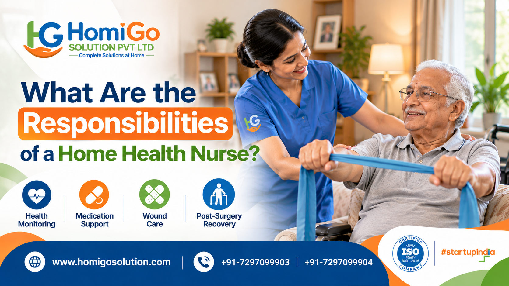 Home health nurse assisting an elderly man with resistance band exercises during recovery at home – HomiGo Solutions.