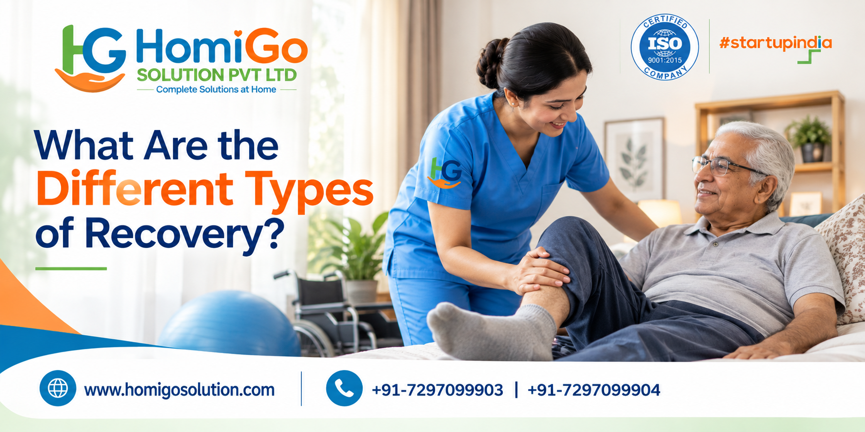 HomiGo Solutions nurse helping an elderly man with leg exercises and personalized rehabilitation care at home.