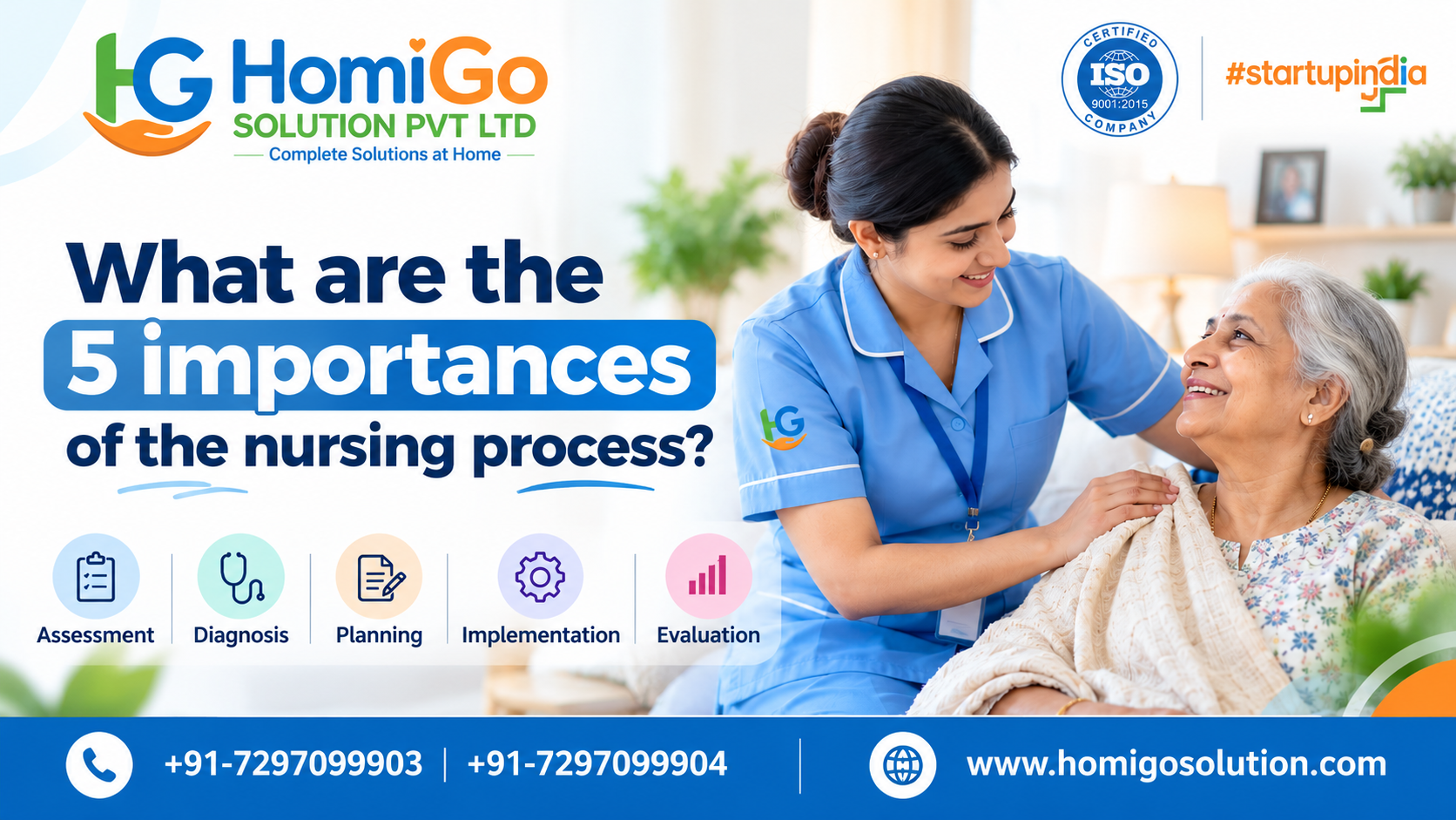 HomiGo Solution nursing care banner featuring a nurse helping an elderly woman at home.