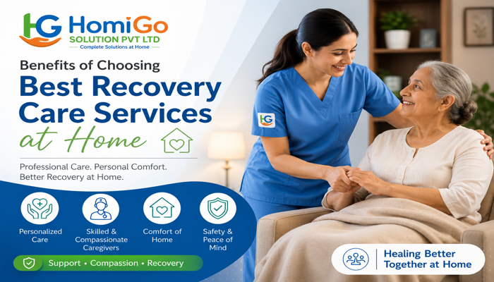 Professional home recovery care service with a trained nurse assisting an elderly patient at home, highlighting personalized healthcare, comfort, safety, and compassionate recovery support.