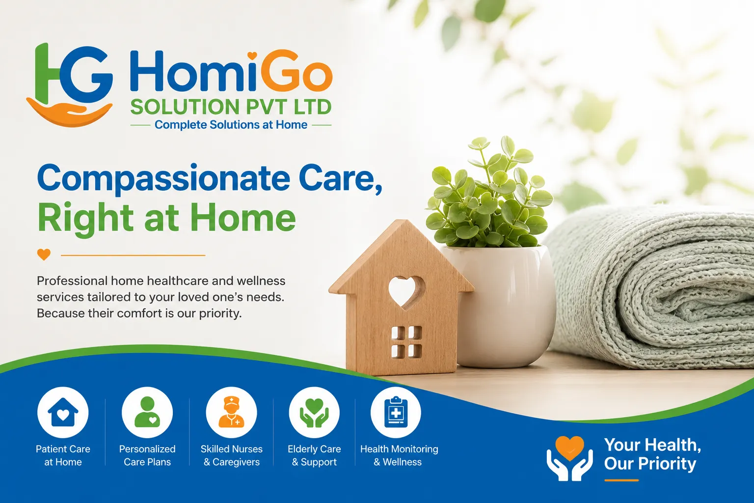 Home Nursing Care Services banner featuring a professional nurse caring for an elderly woman at home with HomiGo Solution branding, trained nurses, 24/7 support, and personalized healthcare services.