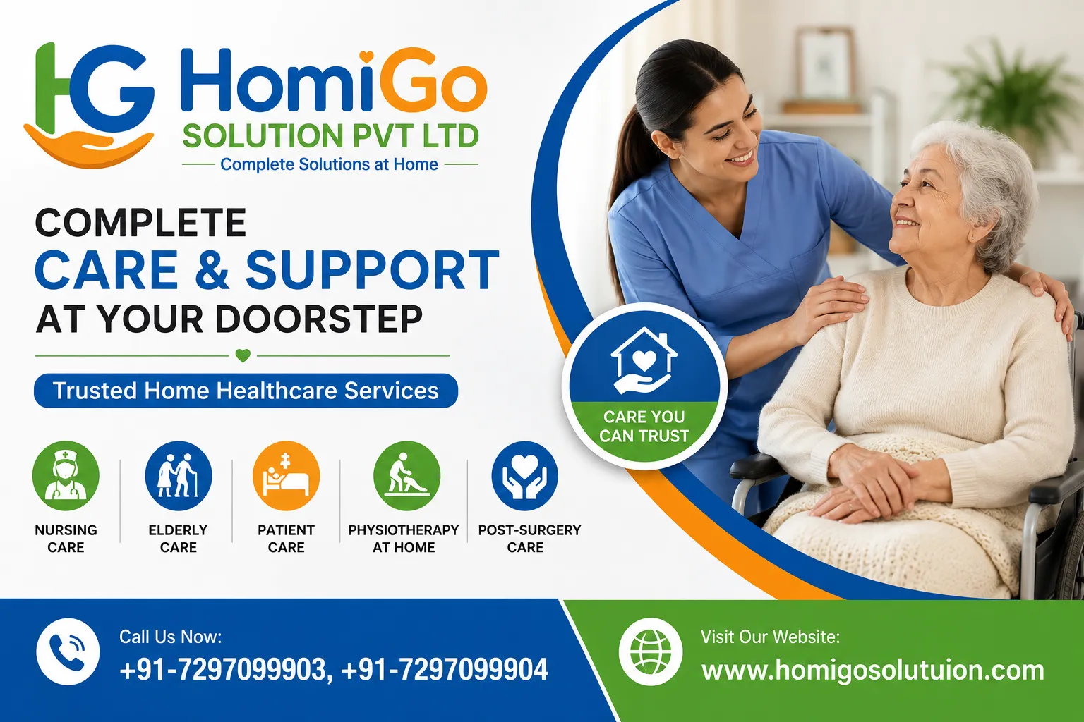 **Alt Text:** Professional HomiGo home healthcare blog banner showing a caregiver providing elderly care support at home with nursing, patient care, physiotherapy, and home healthcare services in Delhi.