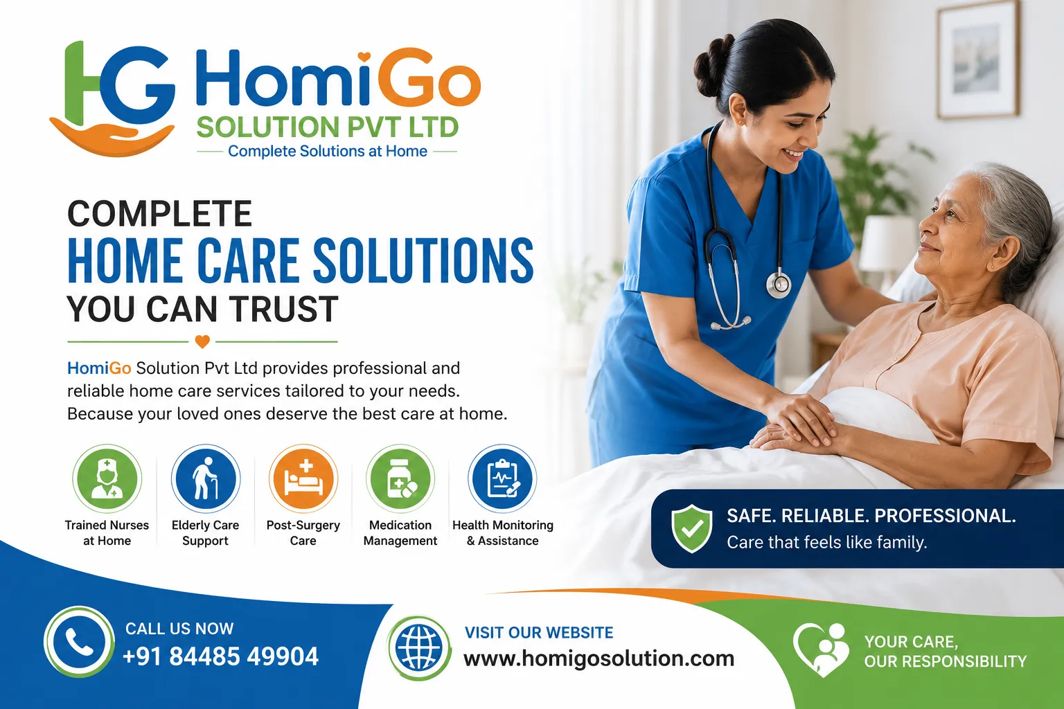 HomiGo home nursing care banner with trained nurse caring for an elderly patient at home.