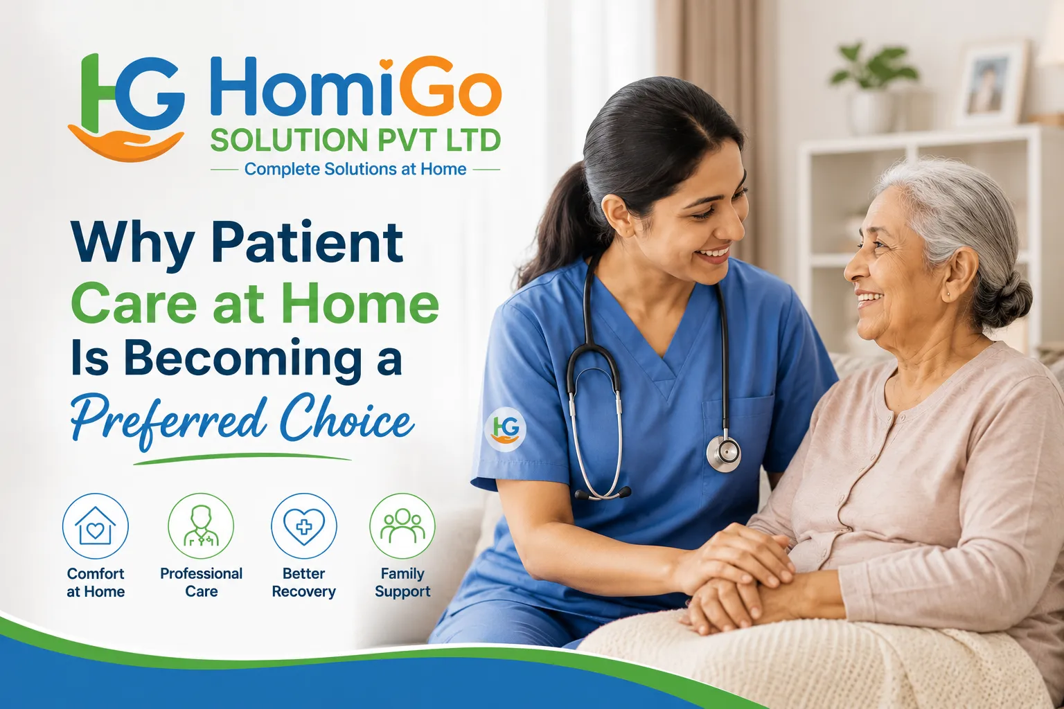 Professional home nurse providing compassionate patient care to an elderly woman at home with HomiGo healthcare support.