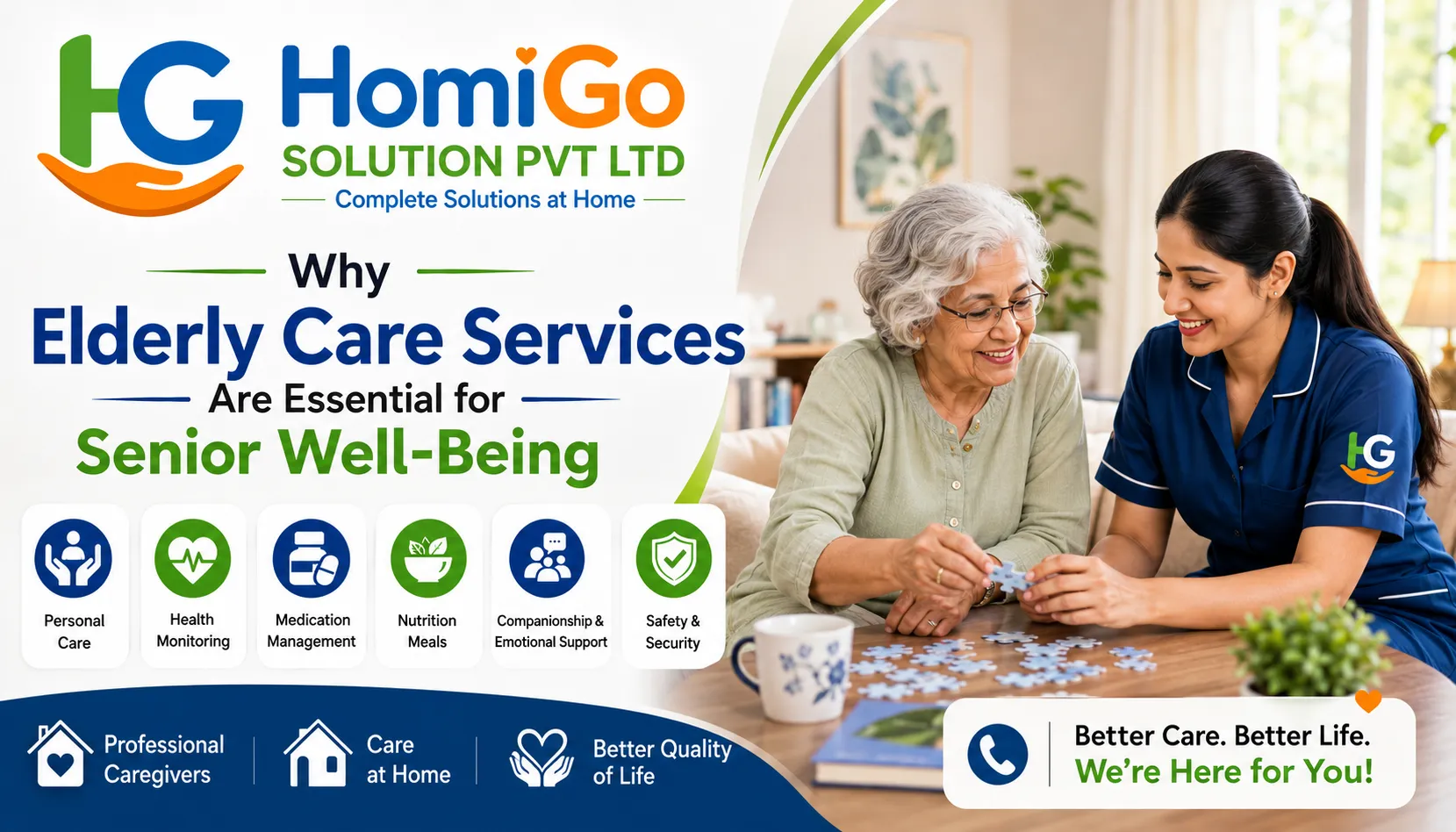 Professional caregiver assisting a senior woman with a puzzle activity at home, highlighting elderly care services, home wellness services, companionship, cognitive engagement, and senior well-being in a comfortable home environment.