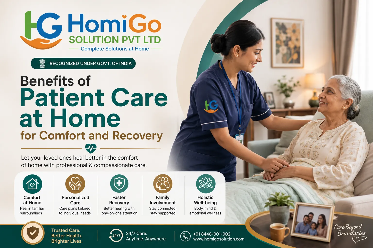 Professional Indian nurse providing compassionate patient care at home to an elderly woman in a comfortable bedroom setting. HomiGo Solution home healthcare services promoting recovery, comfort, family support, and holistic well-being.