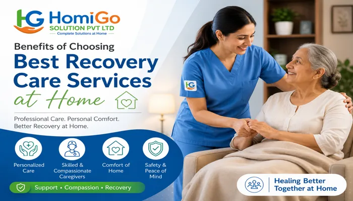 Professional home recovery care service with a trained nurse assisting an elderly patient at home, highlighting personalized healthcare, comfort, safety, and compassionate recovery support.