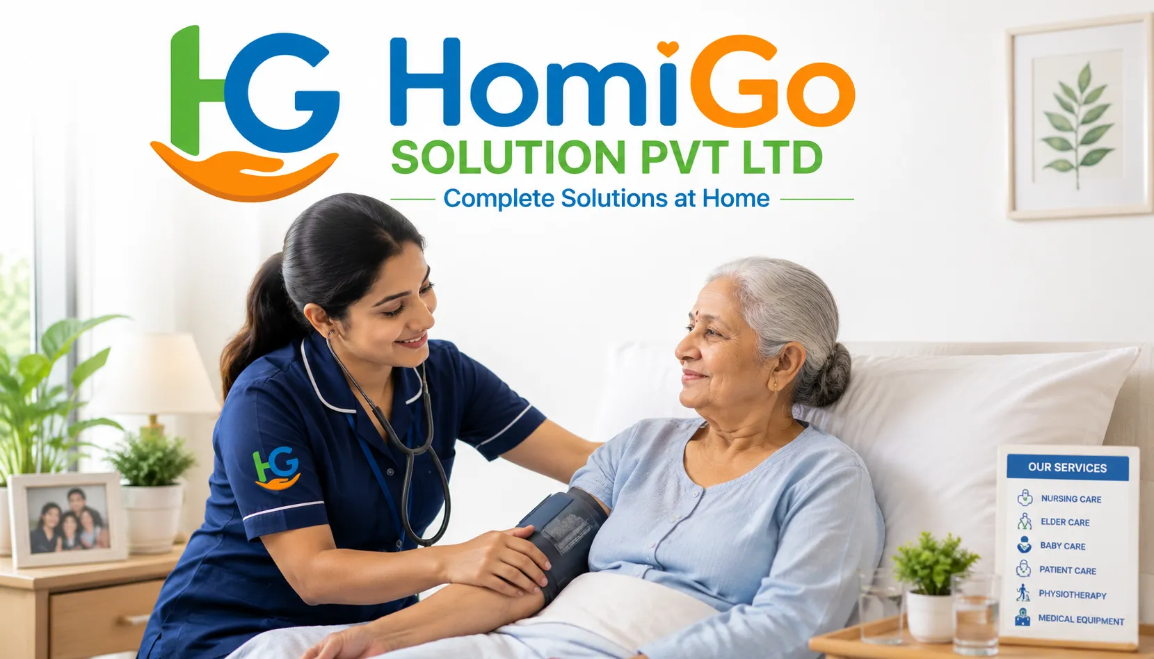 Professional home healthcare nurse providing compassionate medical care to an elderly patient at home, featuring HomiGo Solution branding, personalized nursing support, recovery care services, and a comfortable home recovery environment.
