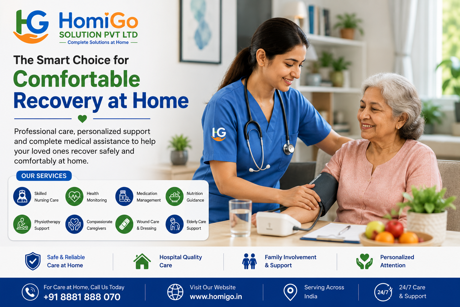 Professional nurse providing Best Recovery Care Services at Home while monitoring an elderly patient's health, ensuring safe and Personalized Patient Care at Home in a comfortable home environment.