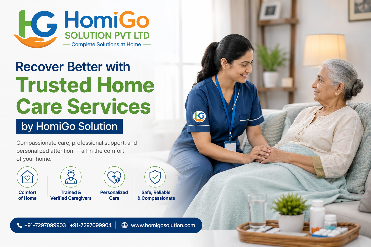 Recover Better with Trusted Home Care Services by HomiGo Solution – Professional nurse providing compassionate recovery care to an elderly patient at home