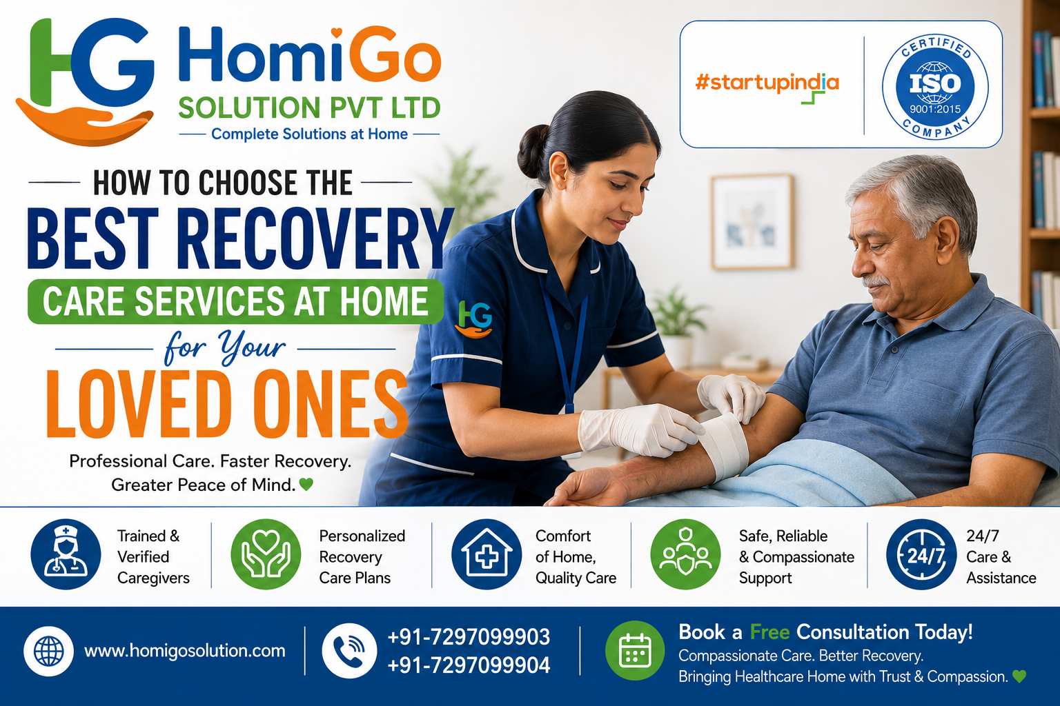 Professional nurse providing recovery care to an elderly patient at home with HomiGo Solution branding, showcasing the Best Recovery Care Services at Home in a safe and comfortable environment.