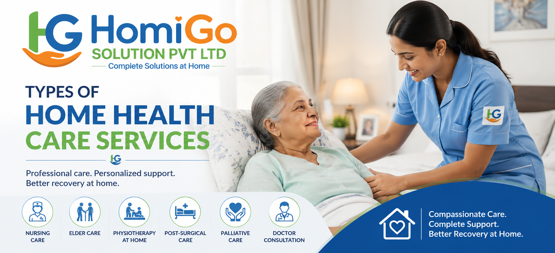 Types of Home Health Care Services banner featuring a professional nurse providing compassionate elderly care at home | HomiGo Solution