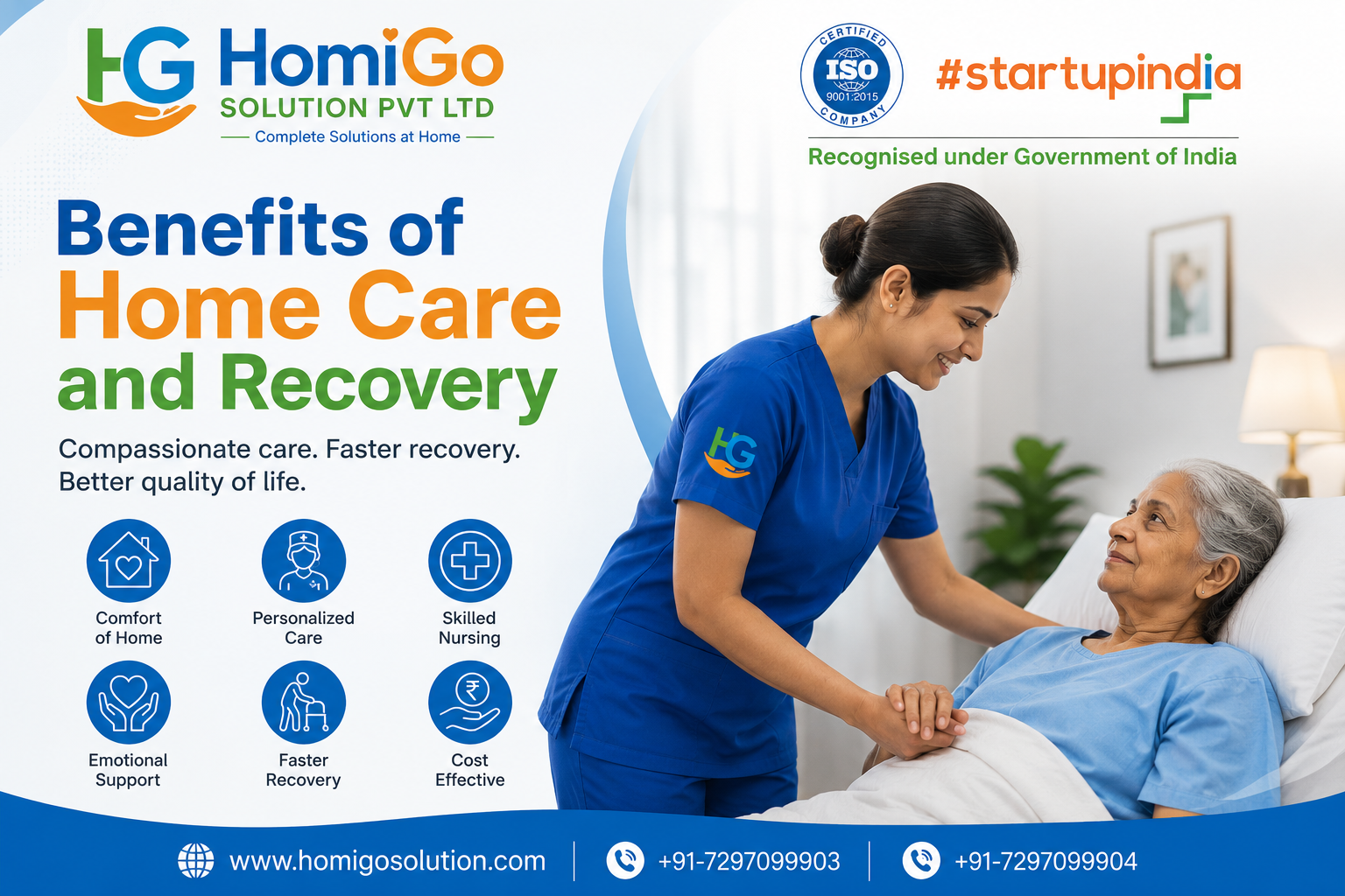 Benefits of Home Care and Recovery banner featuring a professional HomiGo nurse providing compassionate in-home care to an elderly patient, highlighting personalized healthcare, faster recovery, skilled nursing, and holistic home care services.