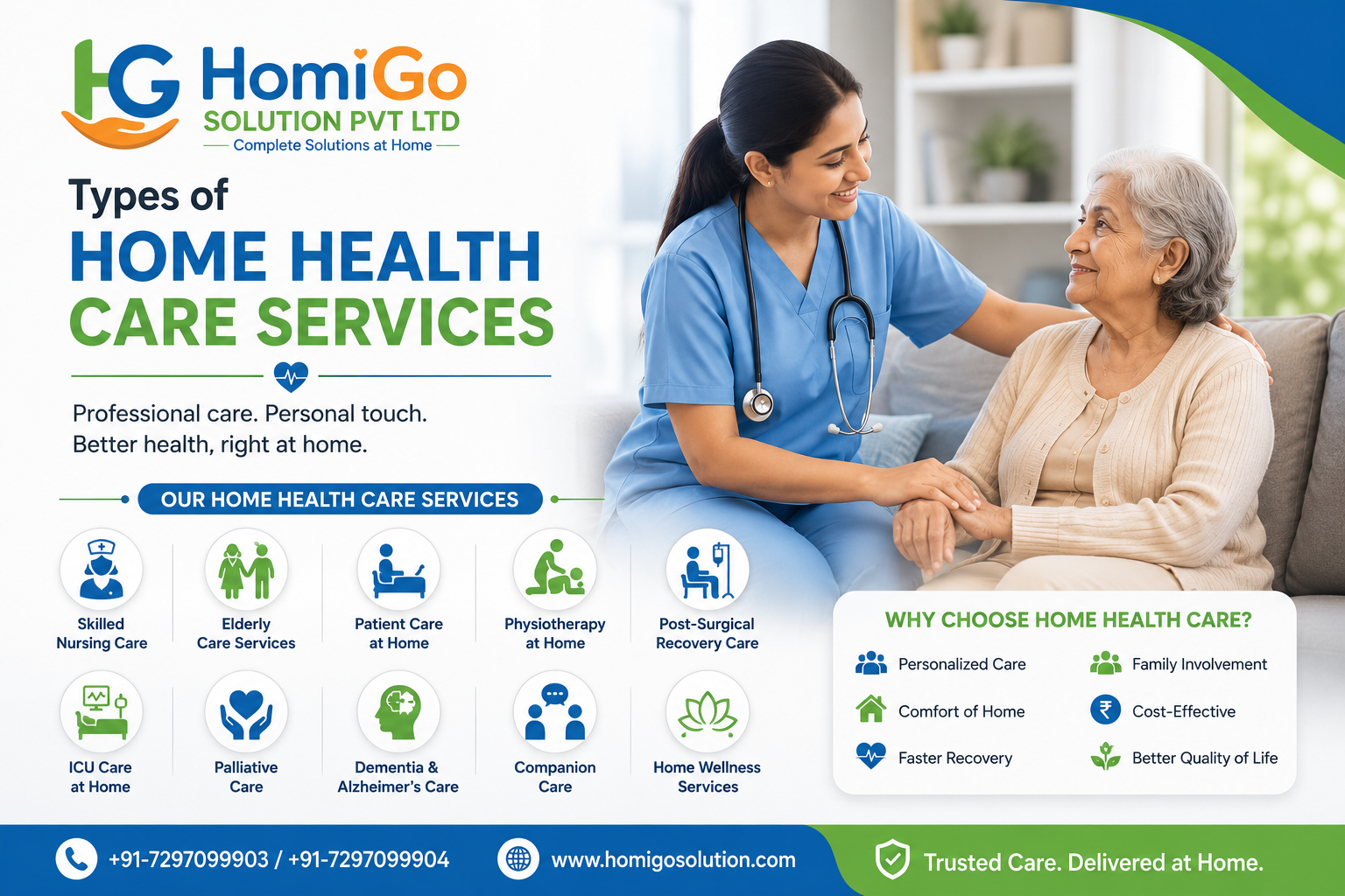 Professional home health care services with nurse providing elderly care at home.