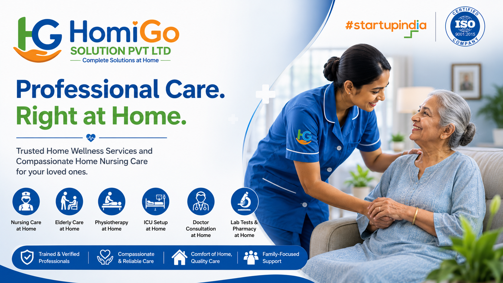 Professional nurse providing compassionate home nursing care to an elderly woman at home, promoting Home Wellness Services by HomiGo Solution.