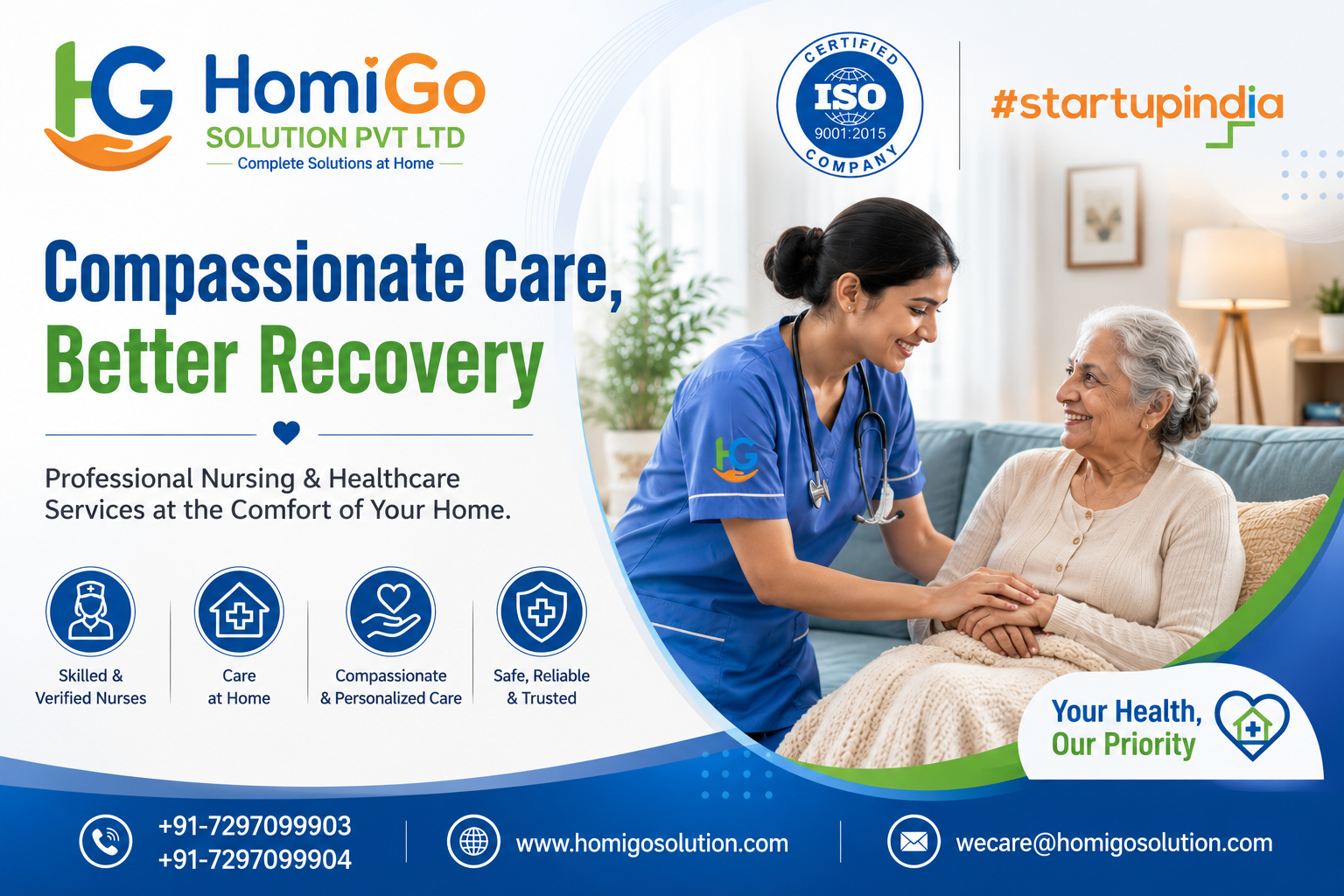Compassionate care in nursing blog banner featuring a professional nurse providing home healthcare support to an elderly patient with HomiGo Solution branding, ISO certification and Startup India recognition.