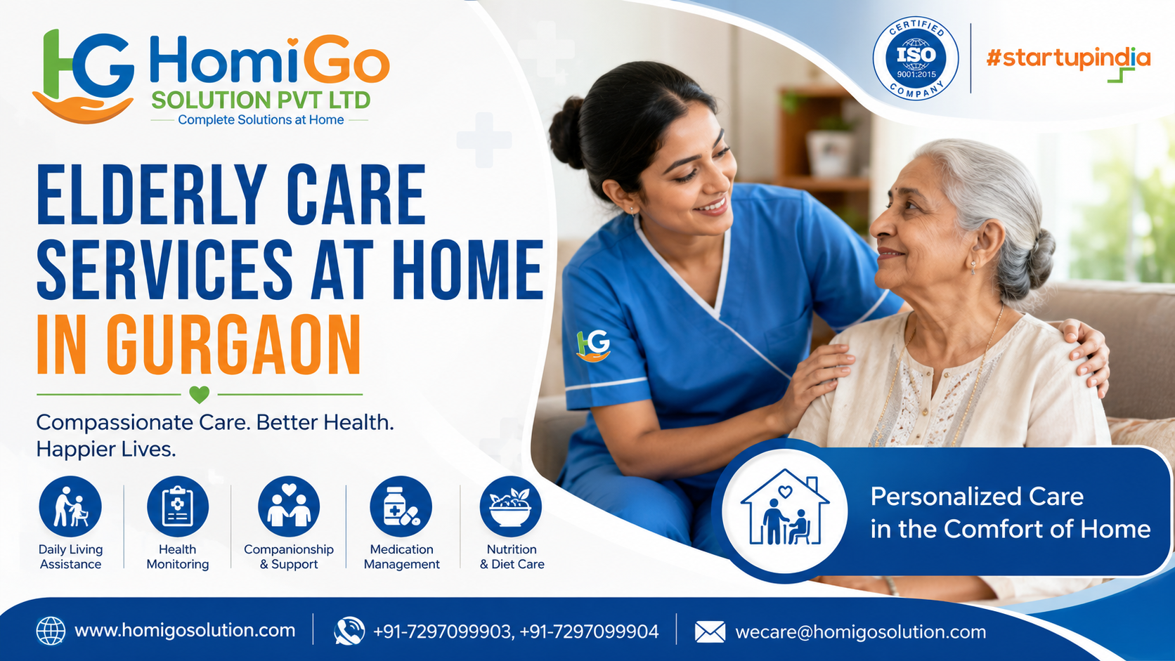 Compassionate caregiver providing elderly care services at home in Gurgaon with personalized senior assistance nursing support and home healthcare by HomiGo Solution.