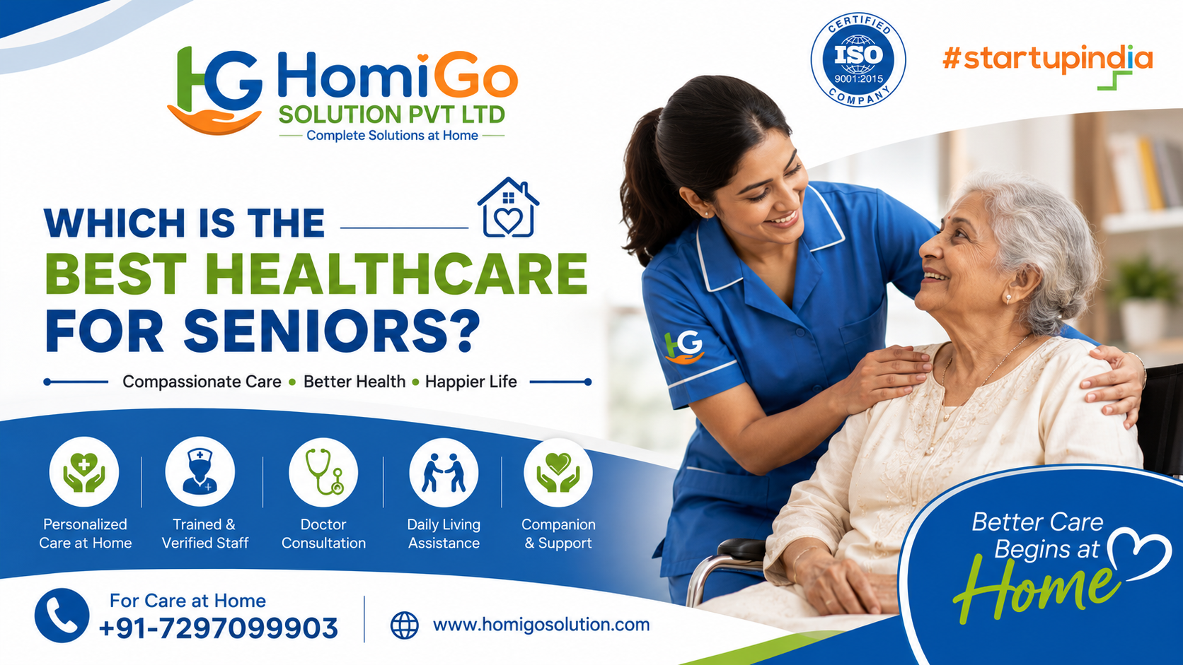 Professional nurse providing compassionate home healthcare to an elderly woman with HomiGo Solution branding highlighting the best healthcare services for seniors at home.