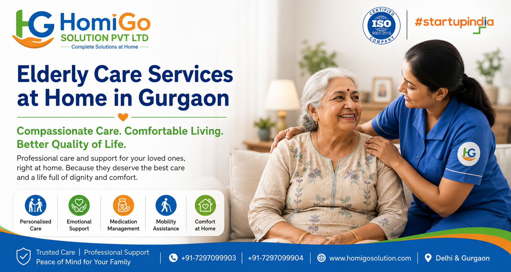 Elderly Care Services at Home in Gurgaon with a compassionate HomiGo caregiver providing personalized support, companionship, mobility assistance, and senior care in a comfortable home environment.