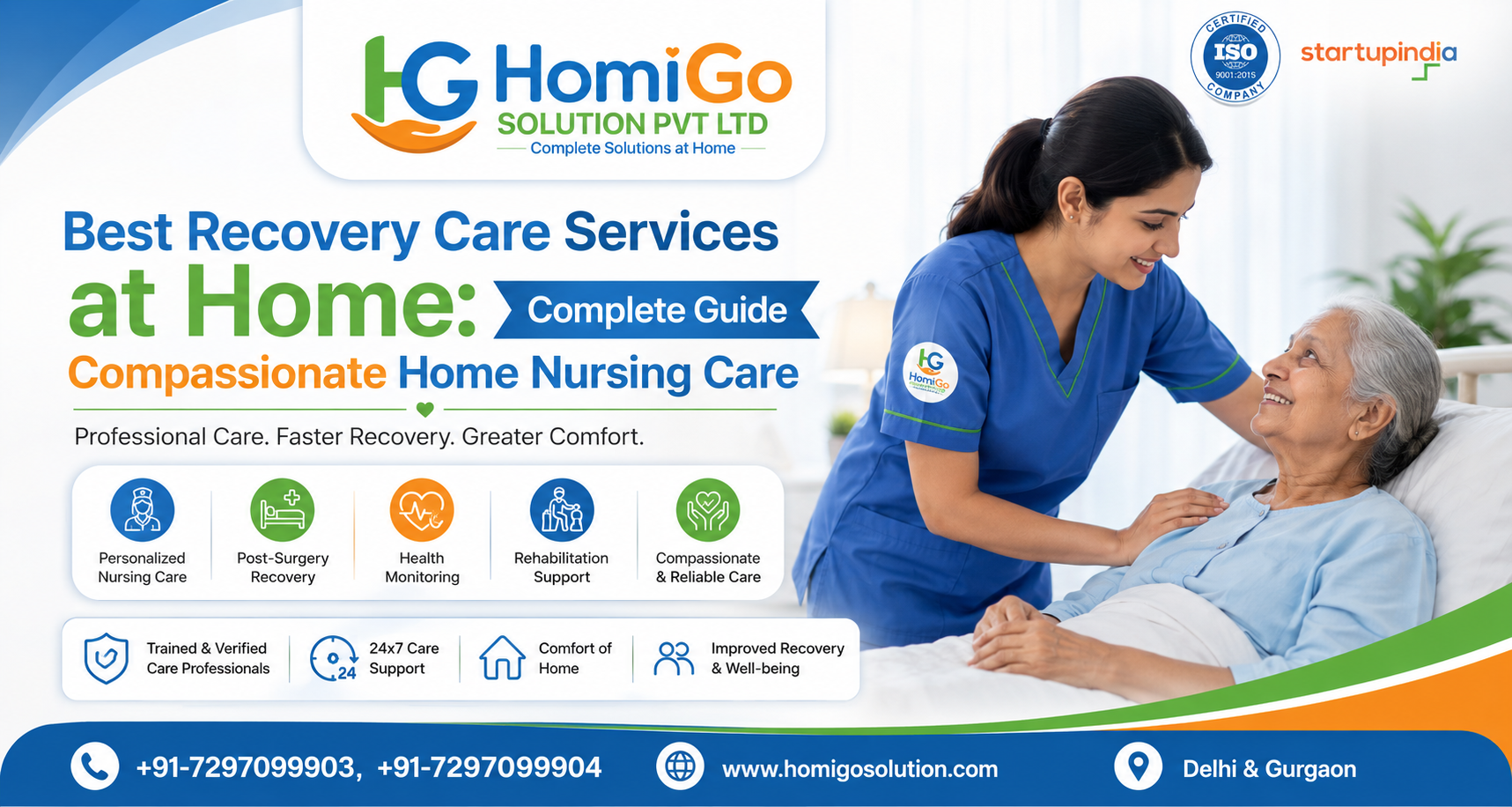 Best Recovery Care Services at Home banner showing a nurse caring for an elderly patient with HomiGo home nursing care services.