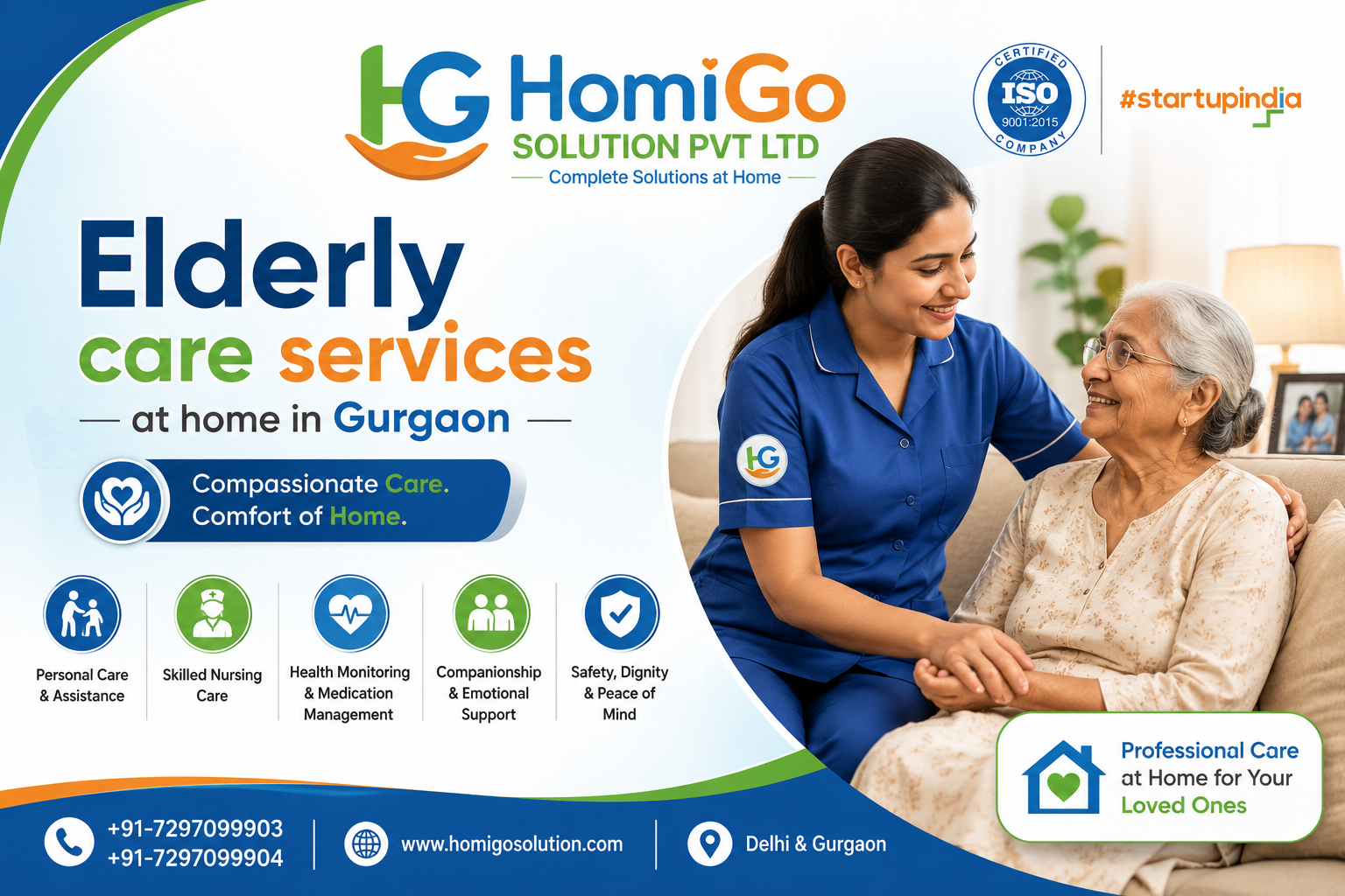 Compassionate elderly care services at home in Gurgaon with professional caregiver assisting a senior citizen, featuring HomiGo Solution Pvt Ltd branding and home nursing care support.