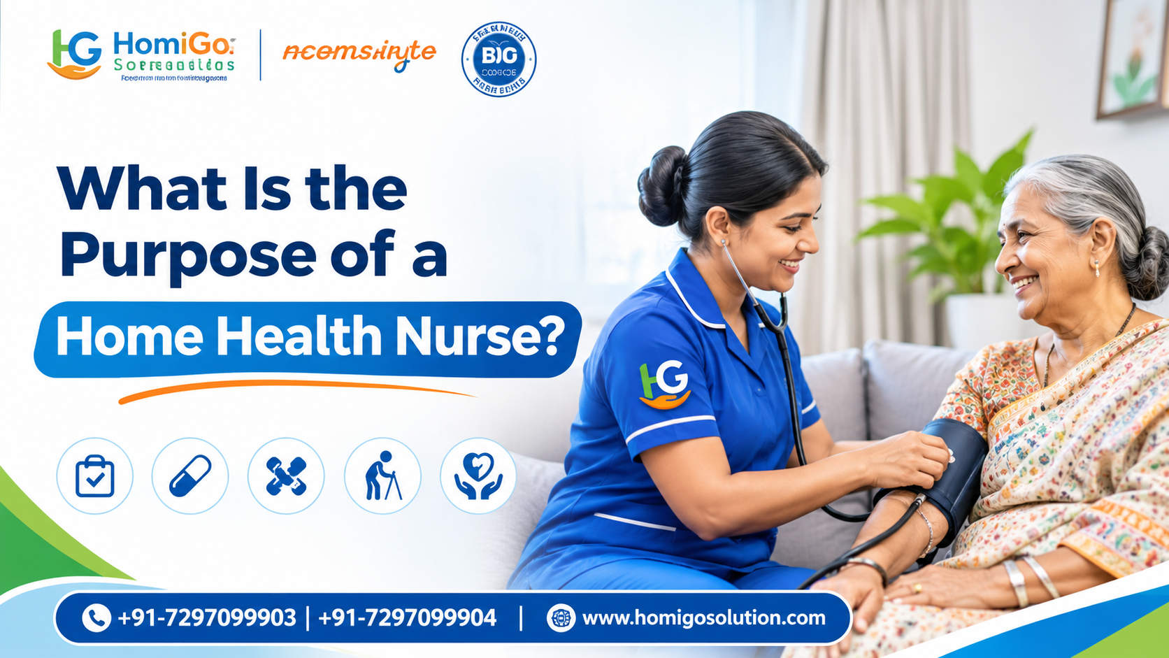 Home health nurse providing professional nursing care to an elderly woman at home, featuring HomiGo Solution healthcare services.