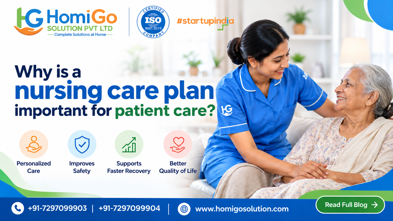 HomiGo Solution nursing care plan banner featuring a nurse assisting an elderly woman, highlighting personalized care, safety, recovery, and comfort at home.