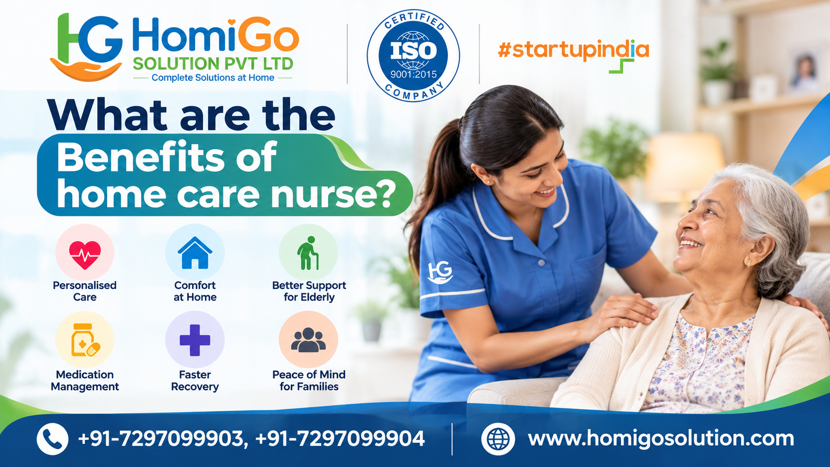 HomiGo Solution – Benefits of hiring a professional home care nurse, featuring elderly care, personalised nursing support, medication management, and comfortable healthcare services at home.